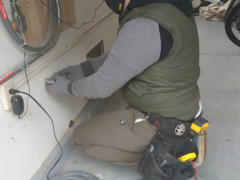 Electrician performing outlet wiring in a Eustis garage